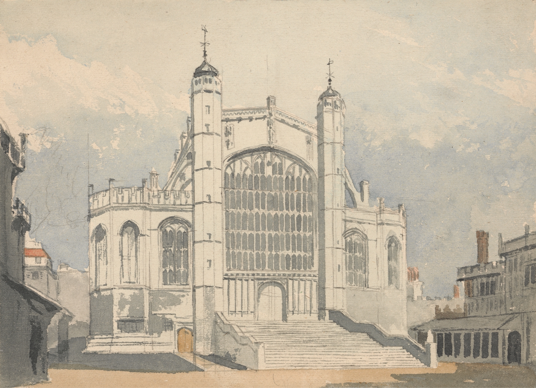 Watercolour by George Sidney Shepherd depicting St. George’s Chapel interior with arches and stained glass.