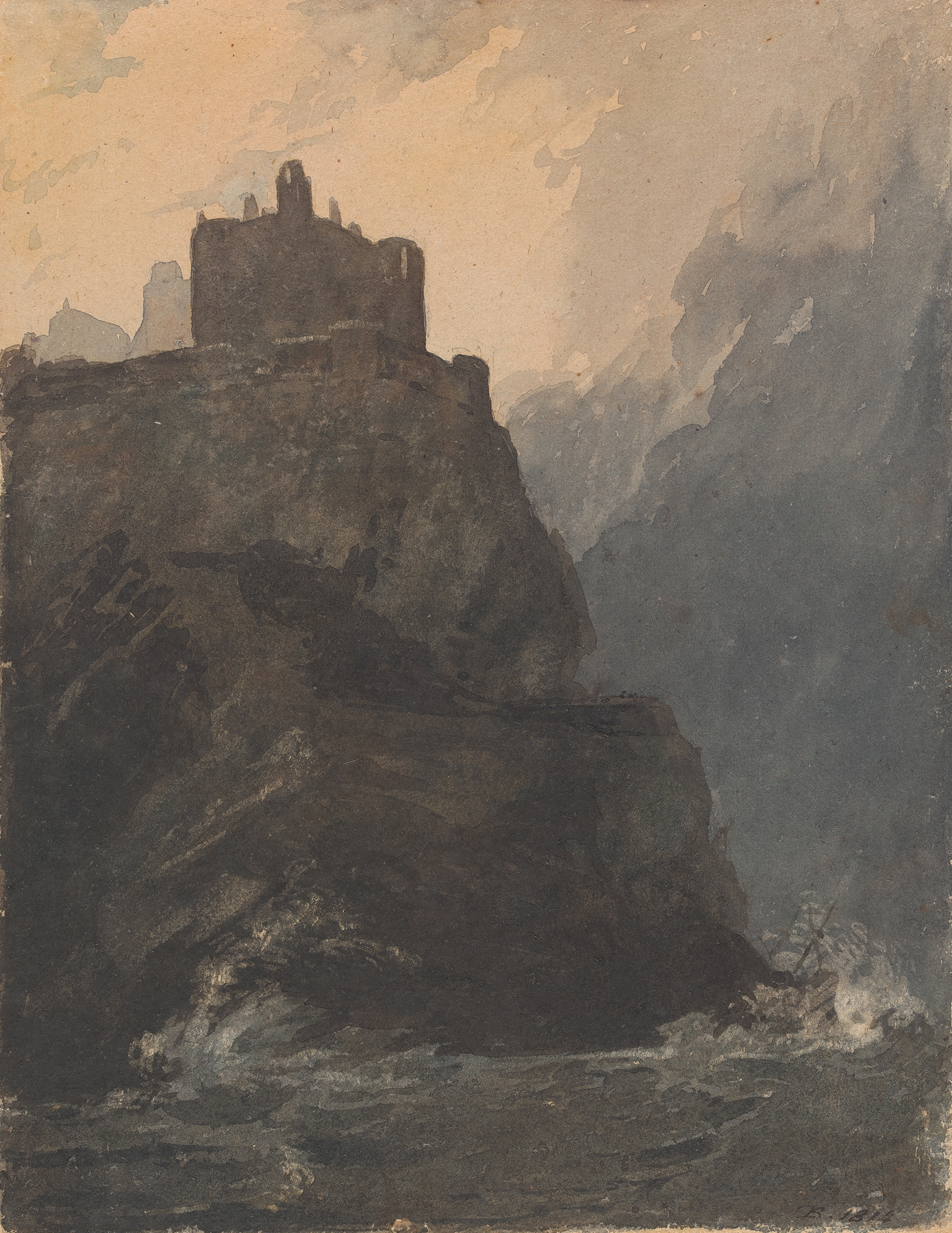 Castle on Cliff, with a Stormy Sea, and Shipwreck at Base of Cliff, by Thomas Sully, public domain