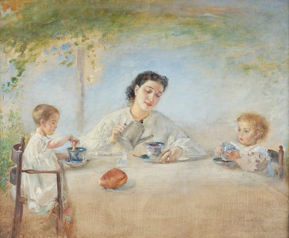 A family scene at breakfast by Anton Romako.