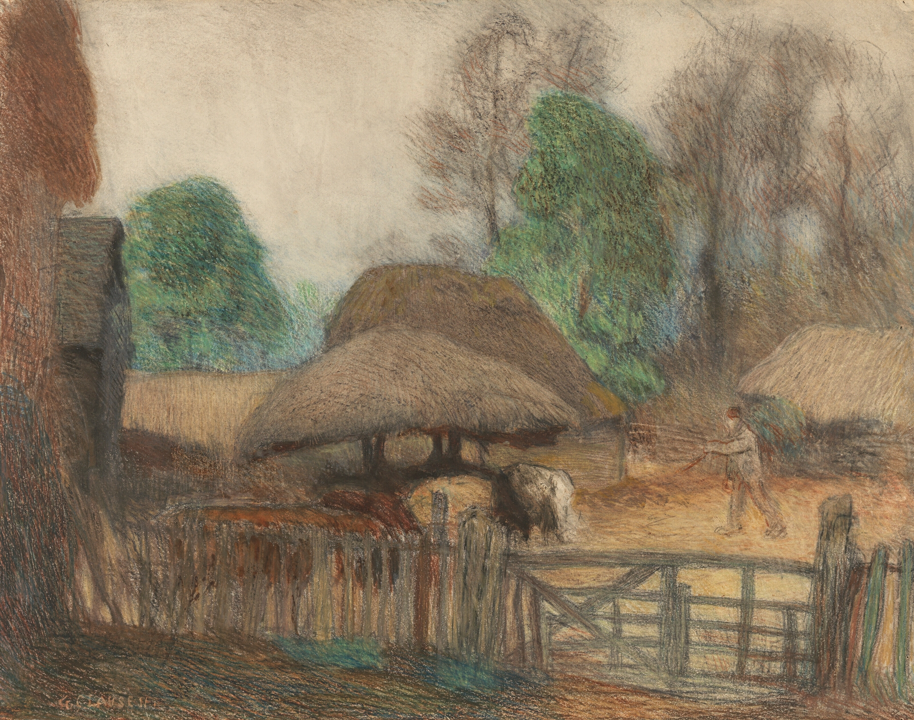 Genre scene depicting farmworkers in a landscape, oil painting by Sir George Clausen