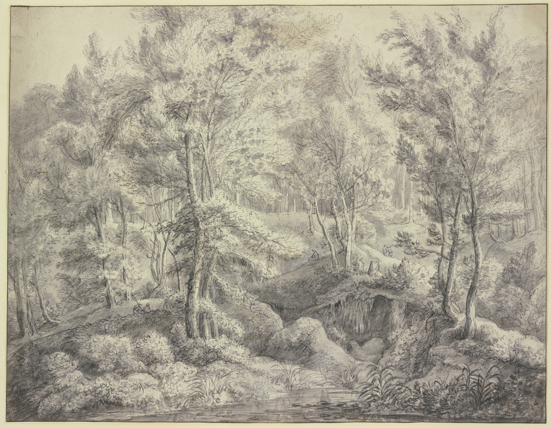 Sumpfige Waldpartie by Antonie Waterloo, oil painting depicting a forest landscape with water and five figures.