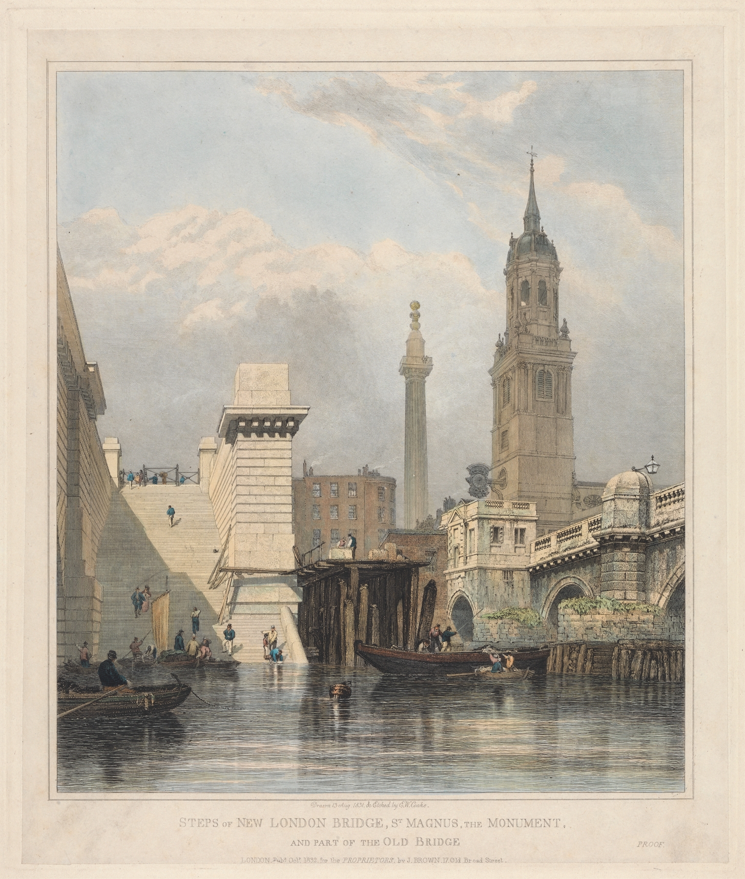 Steps of New London Bridge, St. Magnus, the Monument and Part of Old Bridge, by Edward William Cooke, public domain
