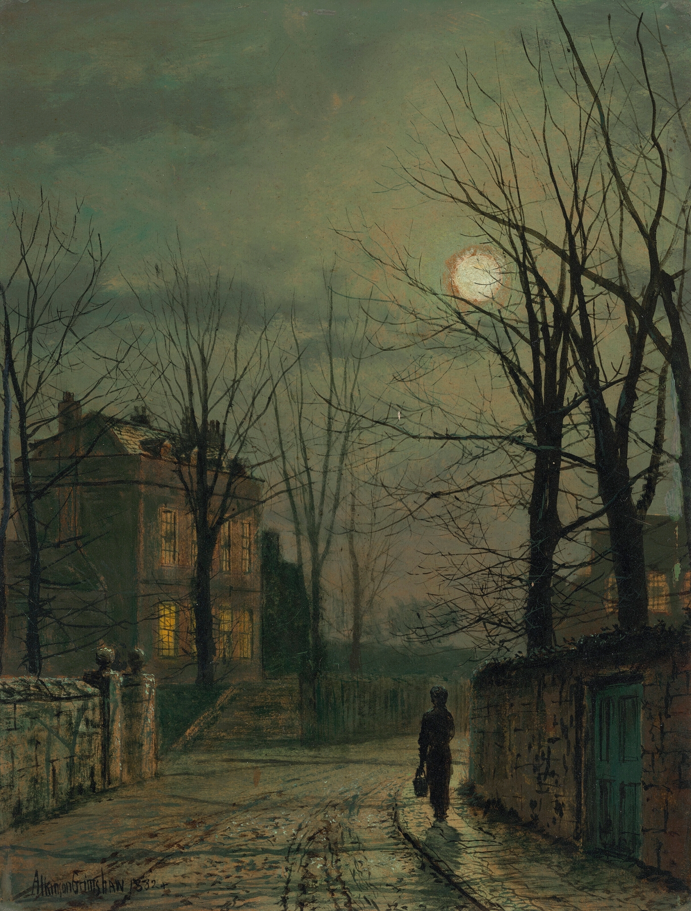 Oil painting by John Atkinson Grimshaw depicting a winding path at twilight