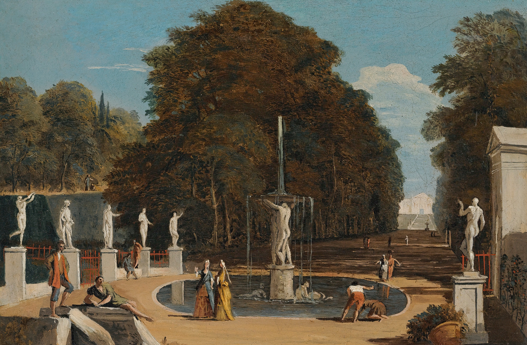 A Landscape With Figures Conversing In A Park Beside A Fountain, by Marco Ricci, public domain