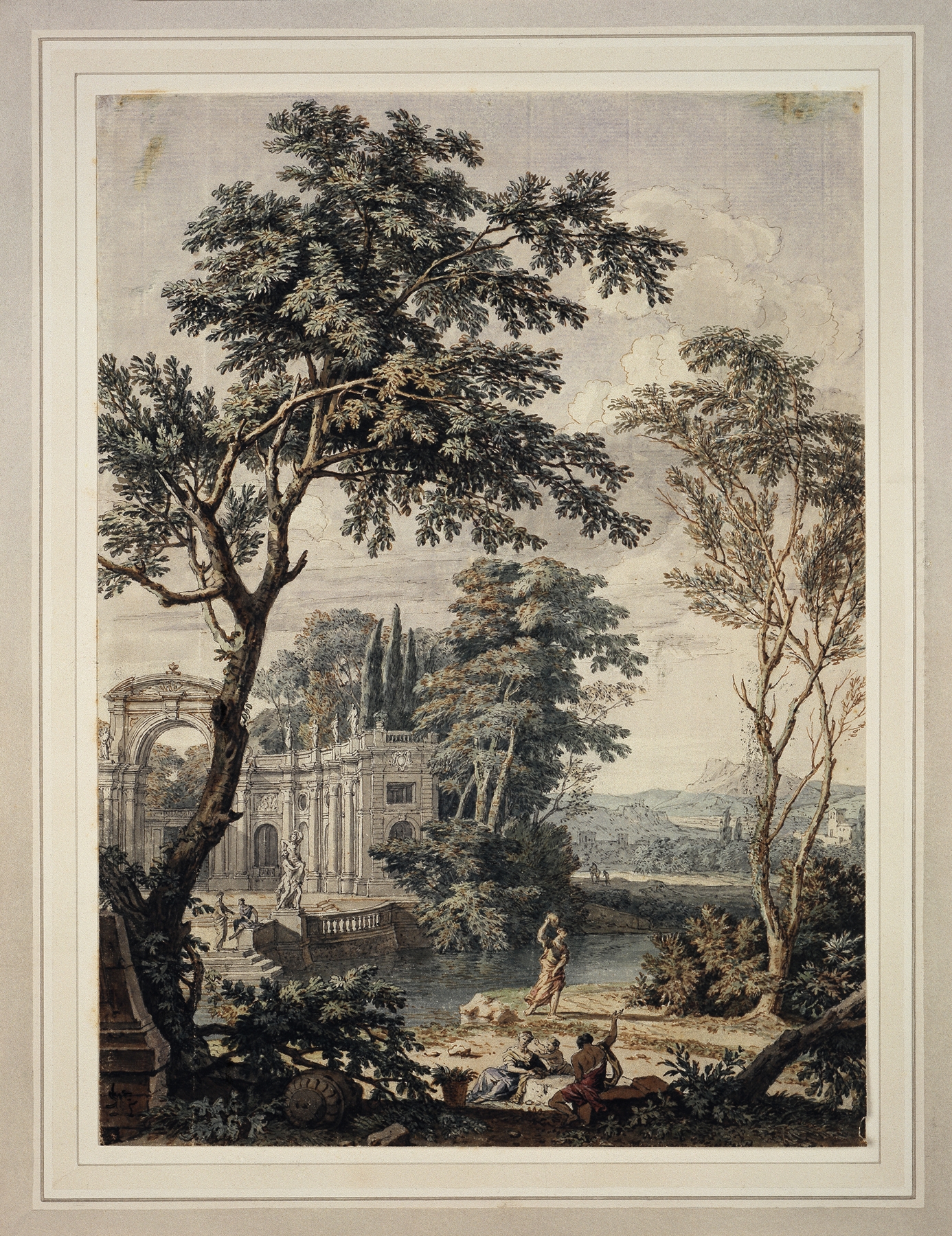 Arcadian landscape with palace architecture, oil on canvas by Isaac de Moucheron