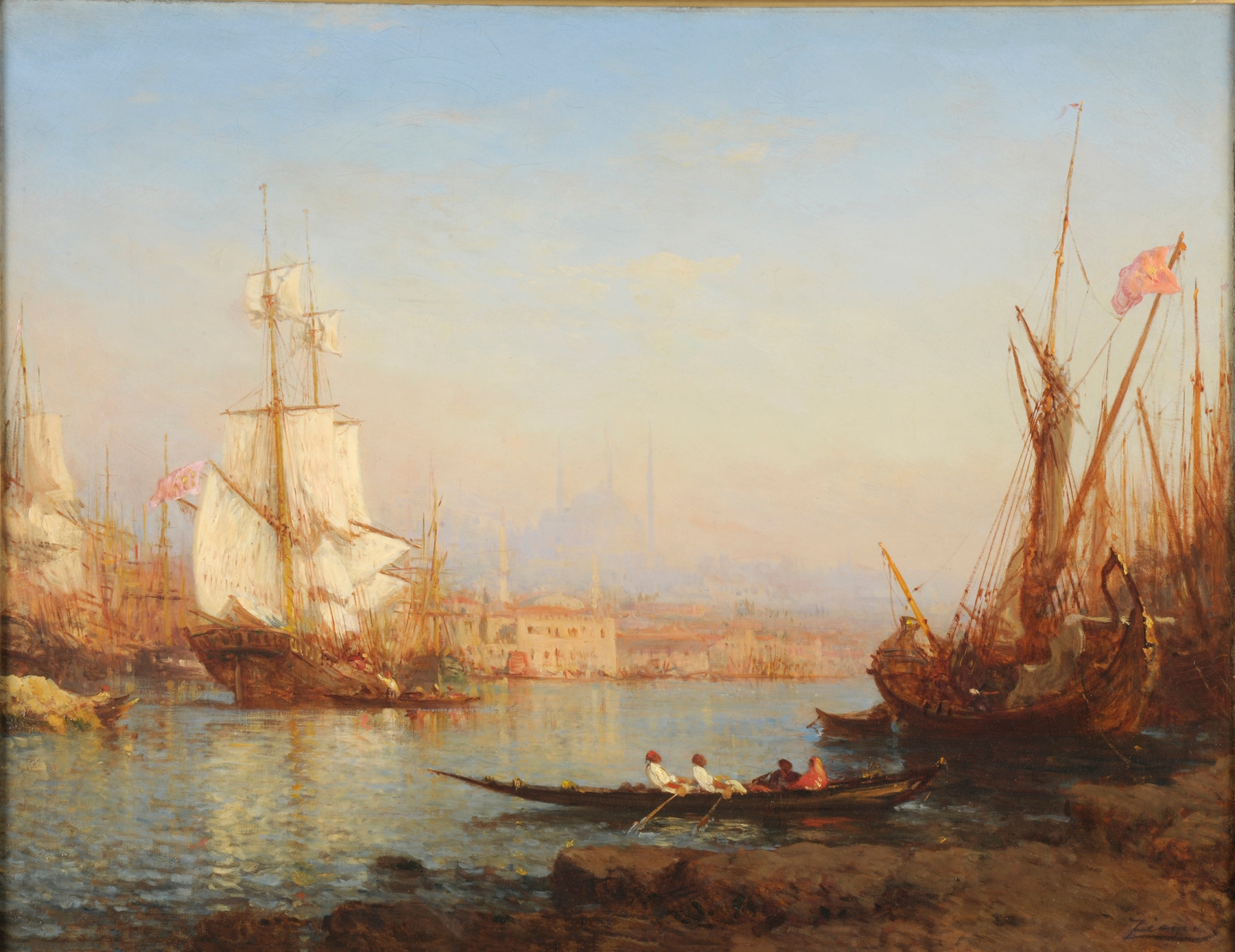 Landscape of the Bosphorus by Félix Ziem, oil painting with reflections on water.
