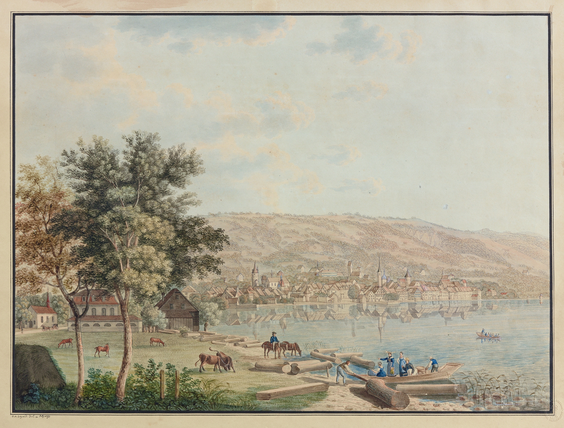 Landscape of Zug with rooftops and lake, oil on canvas by David Alois Schmid