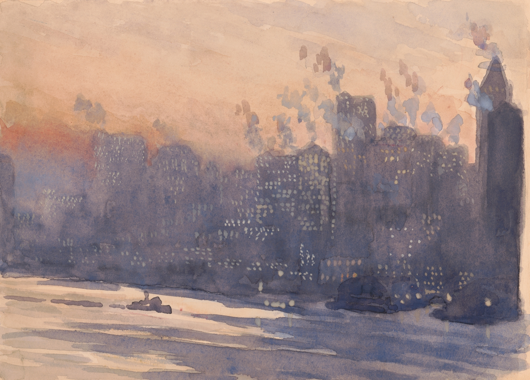 New York City harbor and skyline at night, by Joseph Pennell, public domain