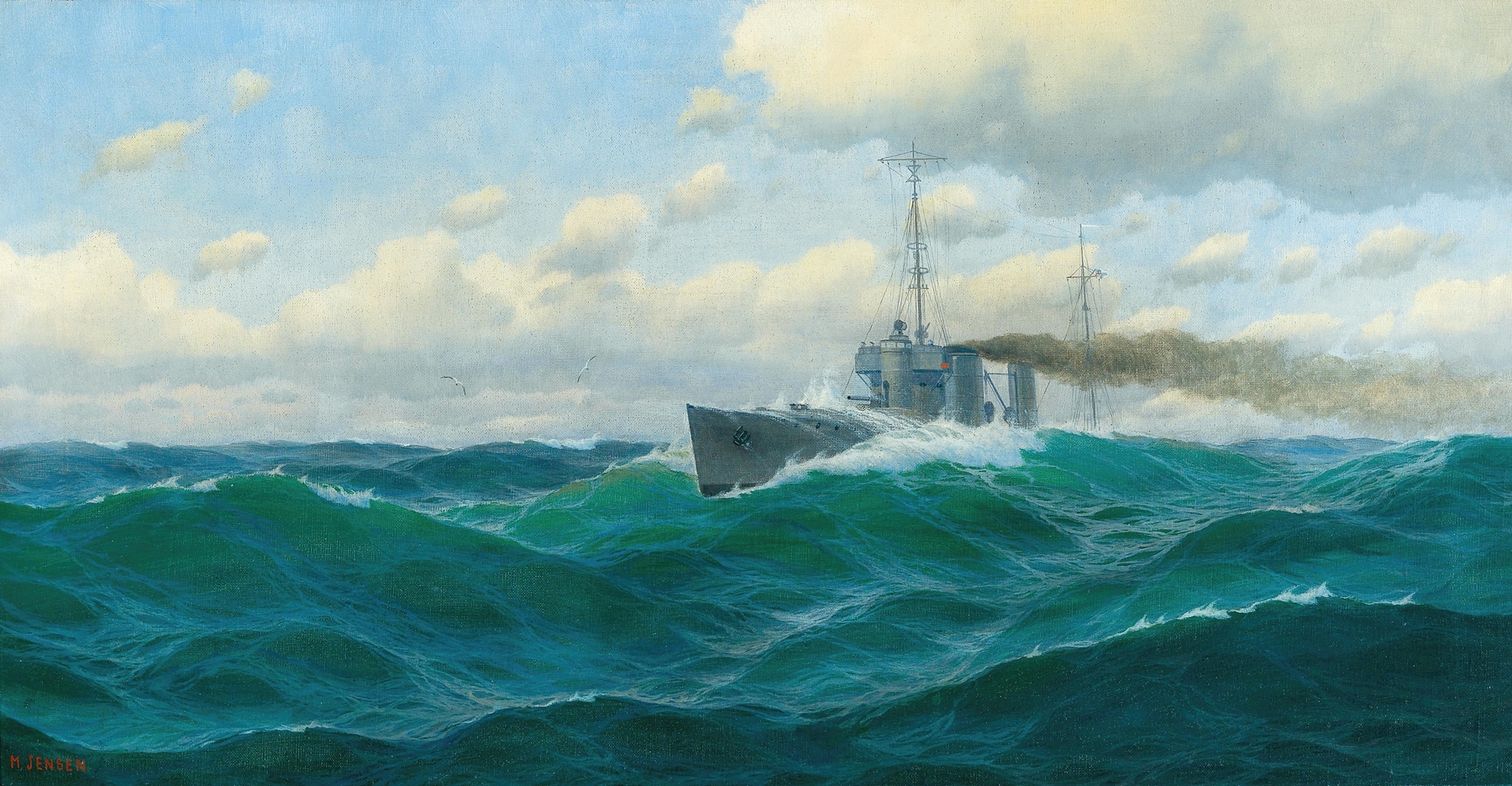 Gunboat on the High Seas by Max Jensen, expressionism, depicting a gunboat amidst tumultuous ocean waves
