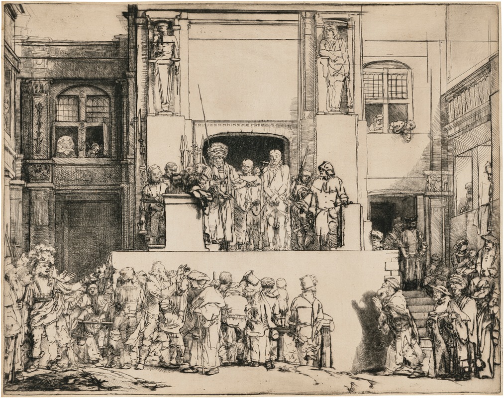 Rembrandt's 'Ecce Homo' depicts Christ presented to the people, showcasing his emotional expression.
