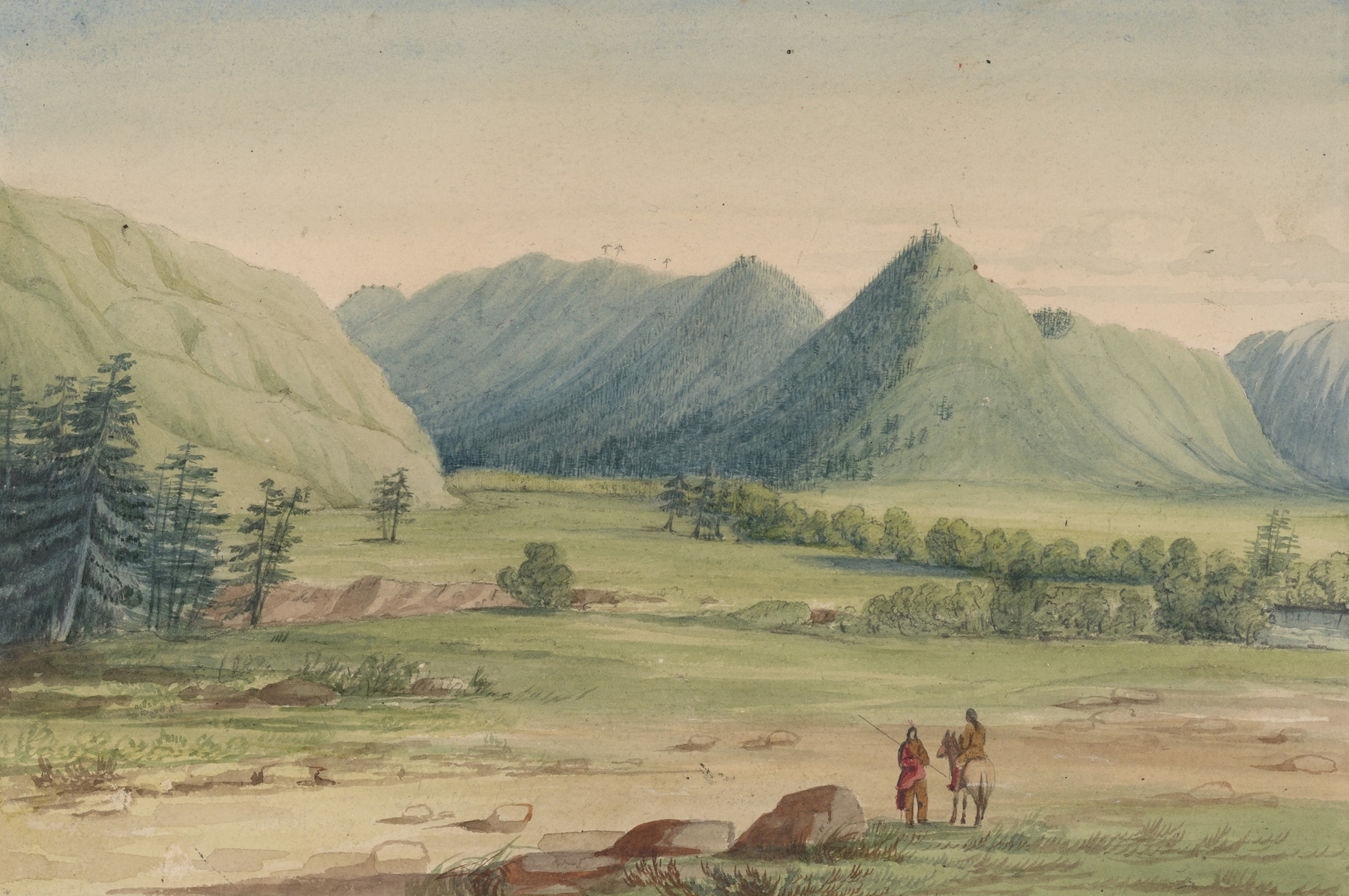 Landscape showing rugged rock formations at sunset by John Mix Stanley