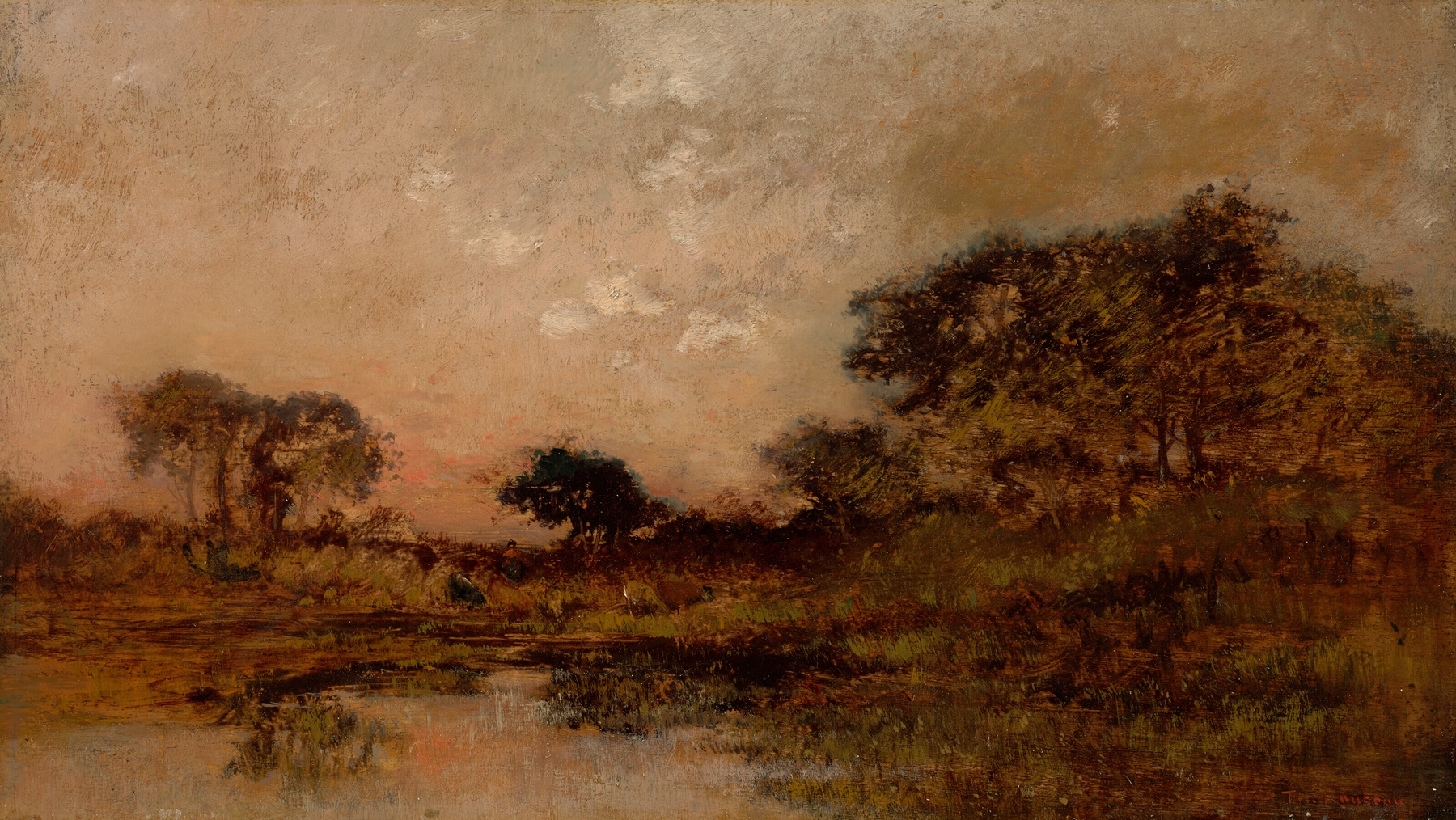 Étang au crépuscule, oil on canvas by Théodore Rousseau, depicting a tranquil twilight landscape.
