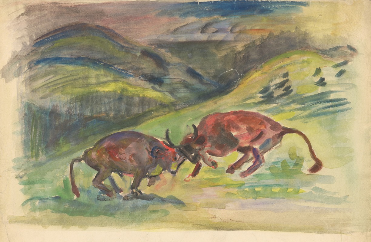 A dramatic scene of a bullfight captured in vivid colors.