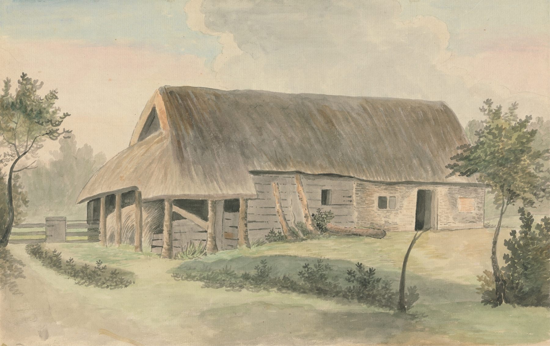 Thatched-roof barn in a rural landscape, oil on canvas by Edward Francis Burney