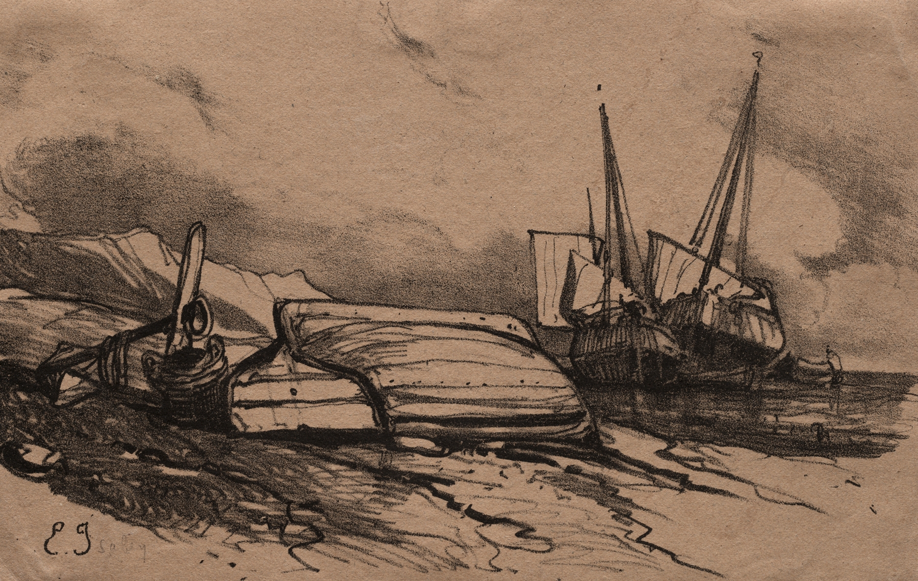 Couverture, Une Grève, by Eugène Isabey, public domain