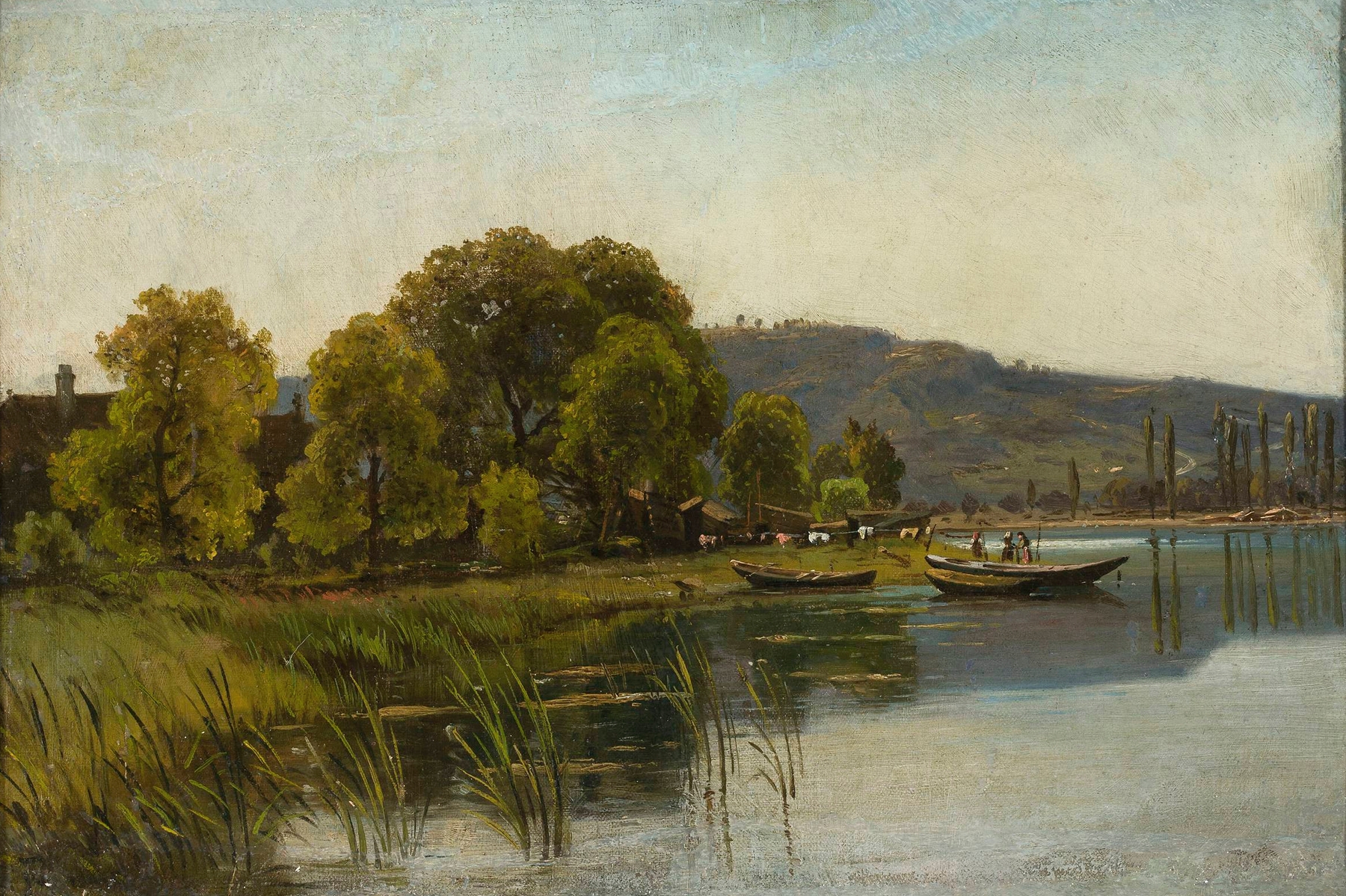 Waterside landscape by Aleksander Swieszewski, oil on canvas depicting calm waters and gentle horizon.