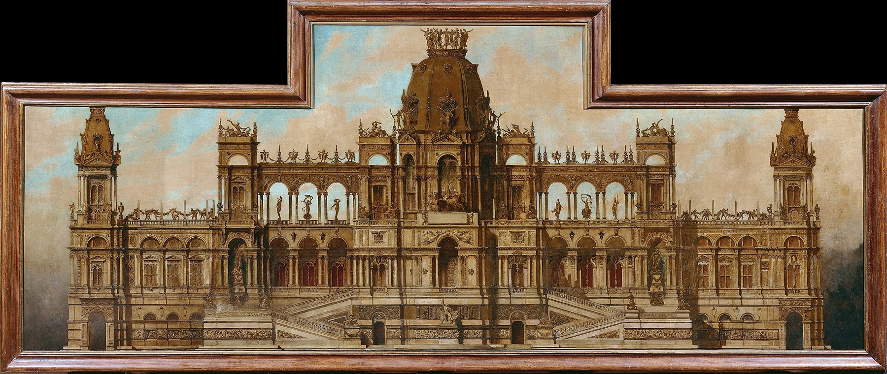 Facade design by Hans Makart, 1883, featuring ornate columns and pastel colors.