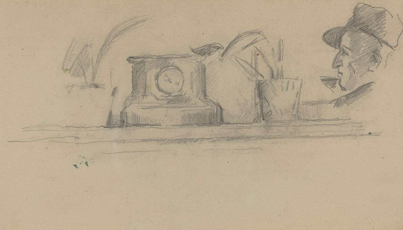 A painting depicting the artist's father and various objects on a mantel.