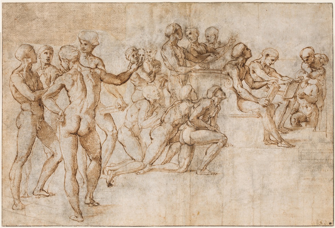 Study for the lower left section of the Disputa by Raphael showcases a dynamic composition of figures engaged in theological debate.