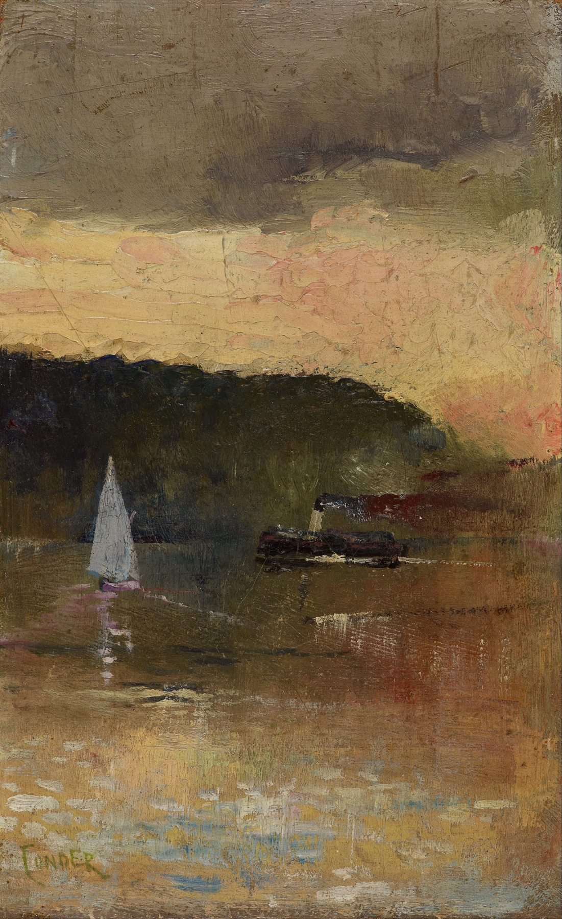 Sunset, Sydney Harbour by Charles Conder, Impressionist oil painting depicting a vibrant sunset over water.