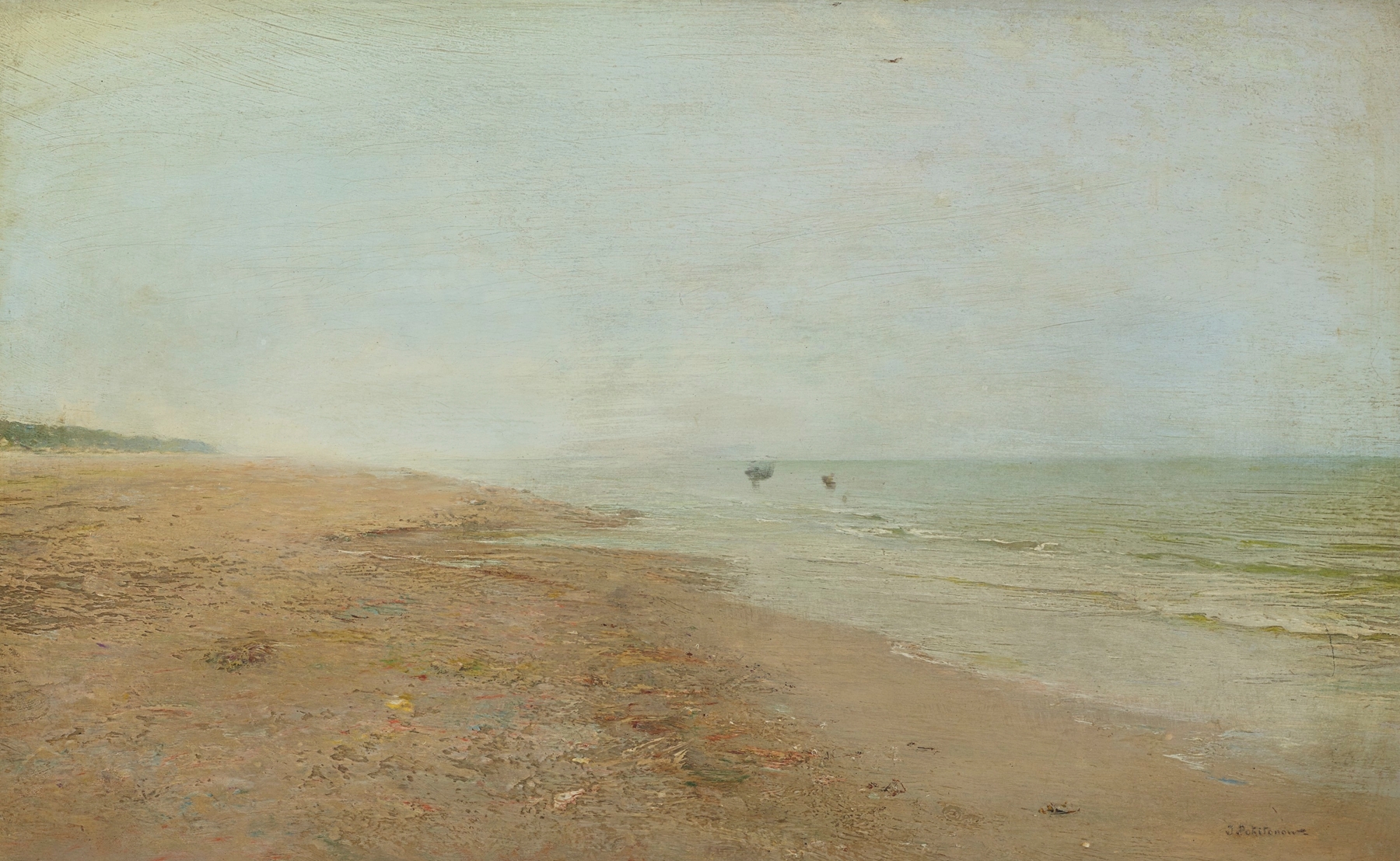 Marine scene depicting shoreline and waves, oil painting by Ivan Pavlovich Pokhitonov, 1911