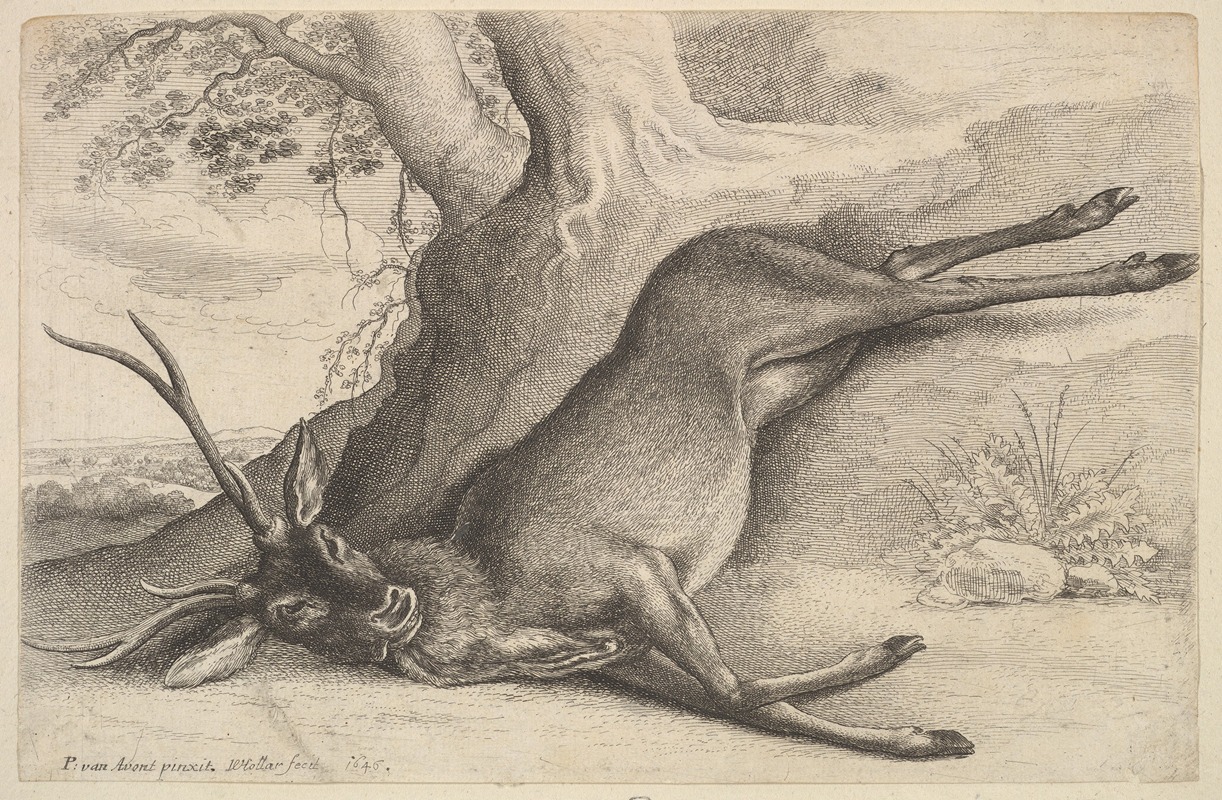 A detailed etching of a dead stag, showcasing intricate textures and lifelike features.