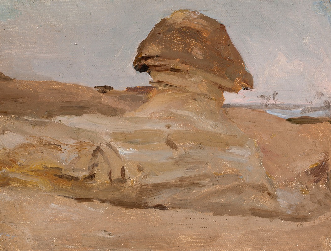 A painting depicting a Sphinx in an Egyptian setting.