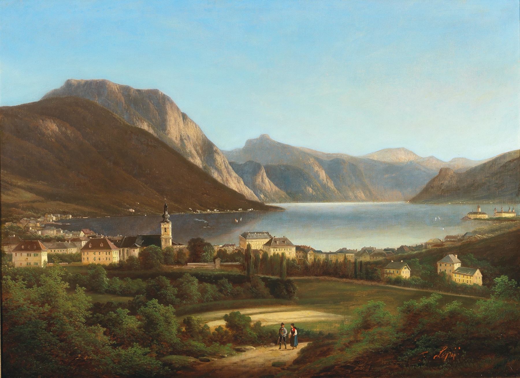 View of Gmunden and Schloss Ort, oil on canvas by Ferdinand Lepie, featuring a serene lake and castle reflection.