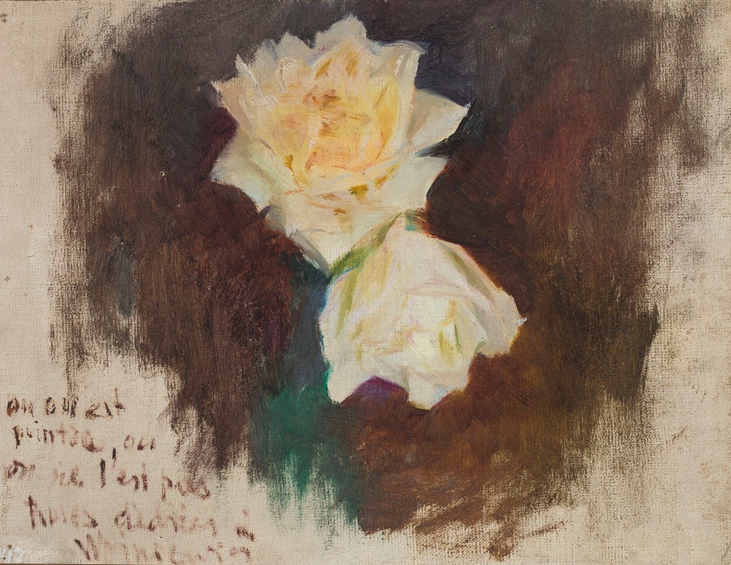 A still life painting featuring white roses.