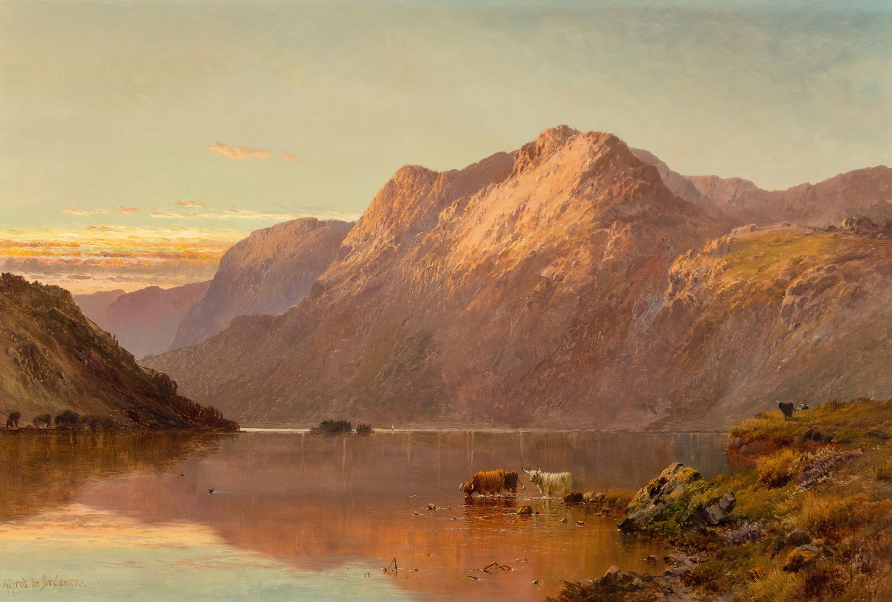 Highland landscape by Alfred de Bréanski, oil on canvas depicting mountains and lush greenery.