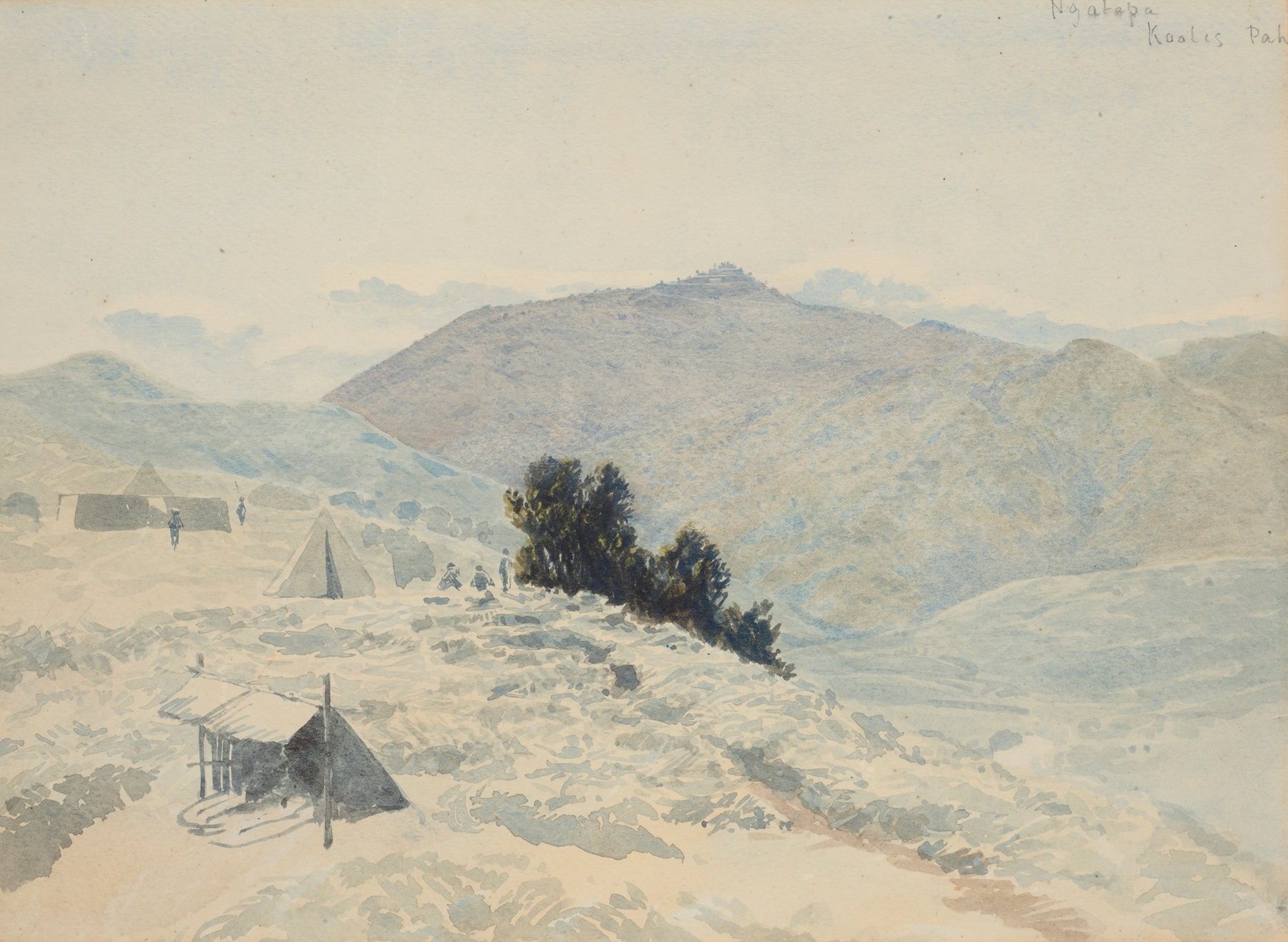 Ngatapa, Te Kooti’s Pa by James Crowe Richmond, oil painting depicting a historical landscape.