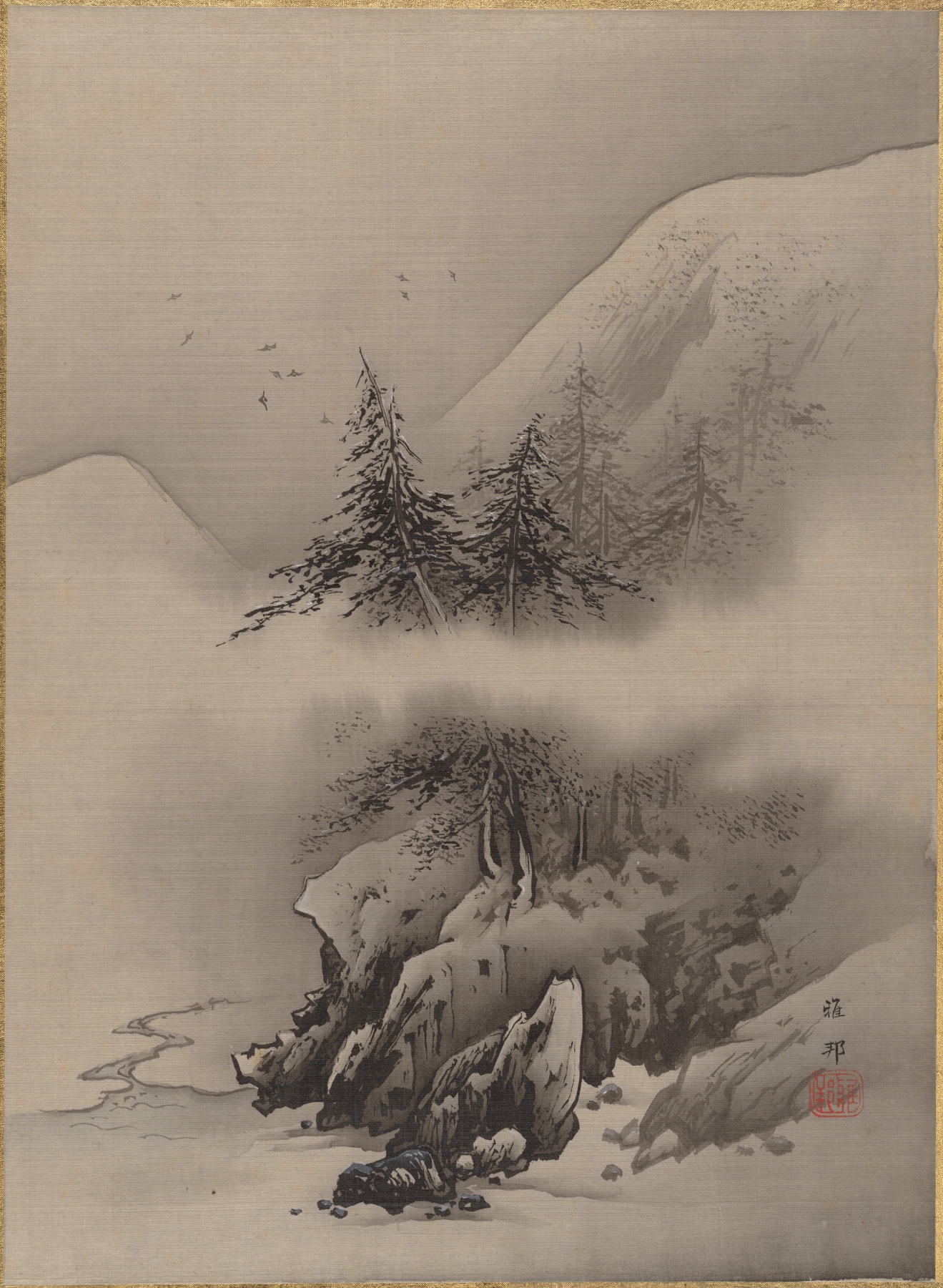 Snow landscape ink on paper by Hashimoto Gahō depicting a tranquil winter scene