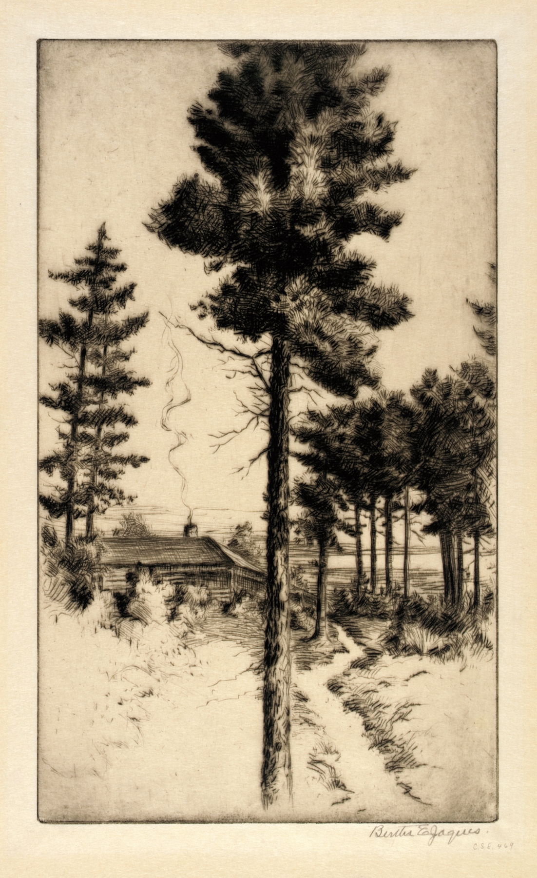 Cabin in Wilderness by Bertha Jaques, watercolor on paper, depicting a rustic cabin in an autumn forest.