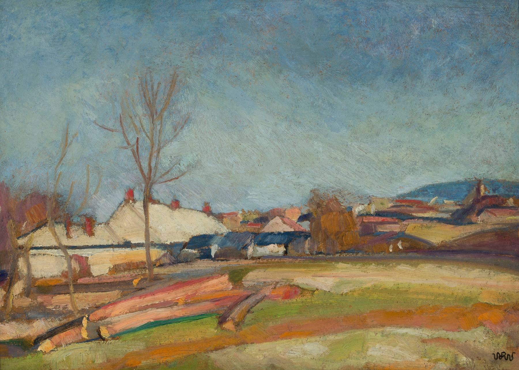 Post-Impressionism landscape by Wojciech Weiss featuring cottages and trees.