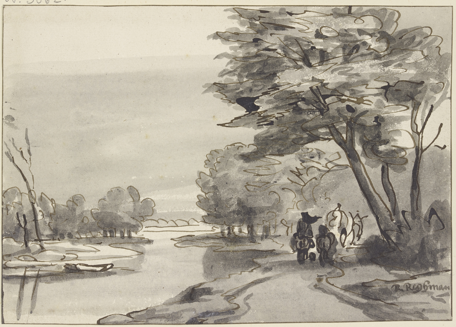 Landscape with forest and river, featuring a wagon and rider by Roelant Roghman.