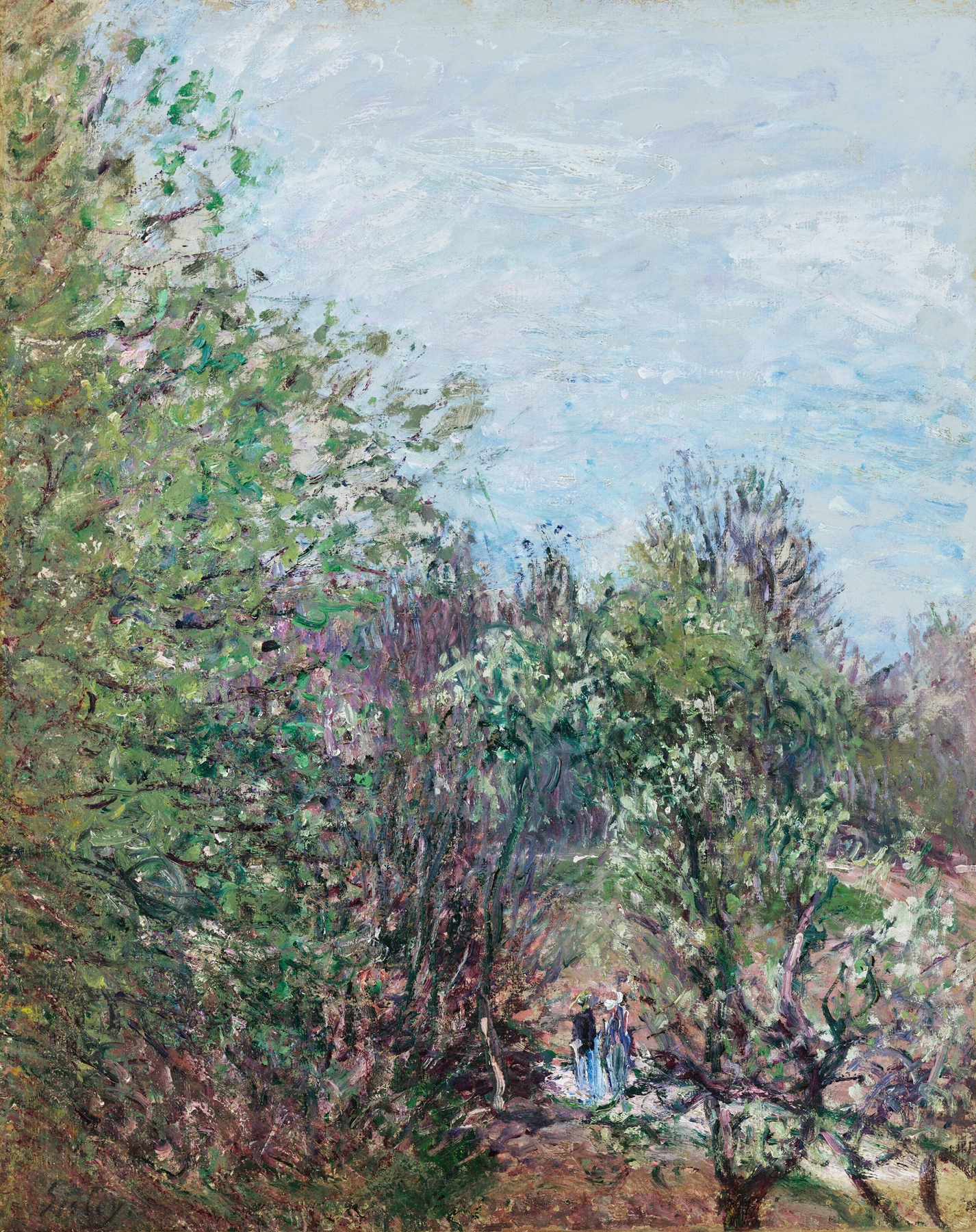 Deux personnages à la lisière d’un bois, oil painting by Alfred Sisley showing two figures in a forest.
