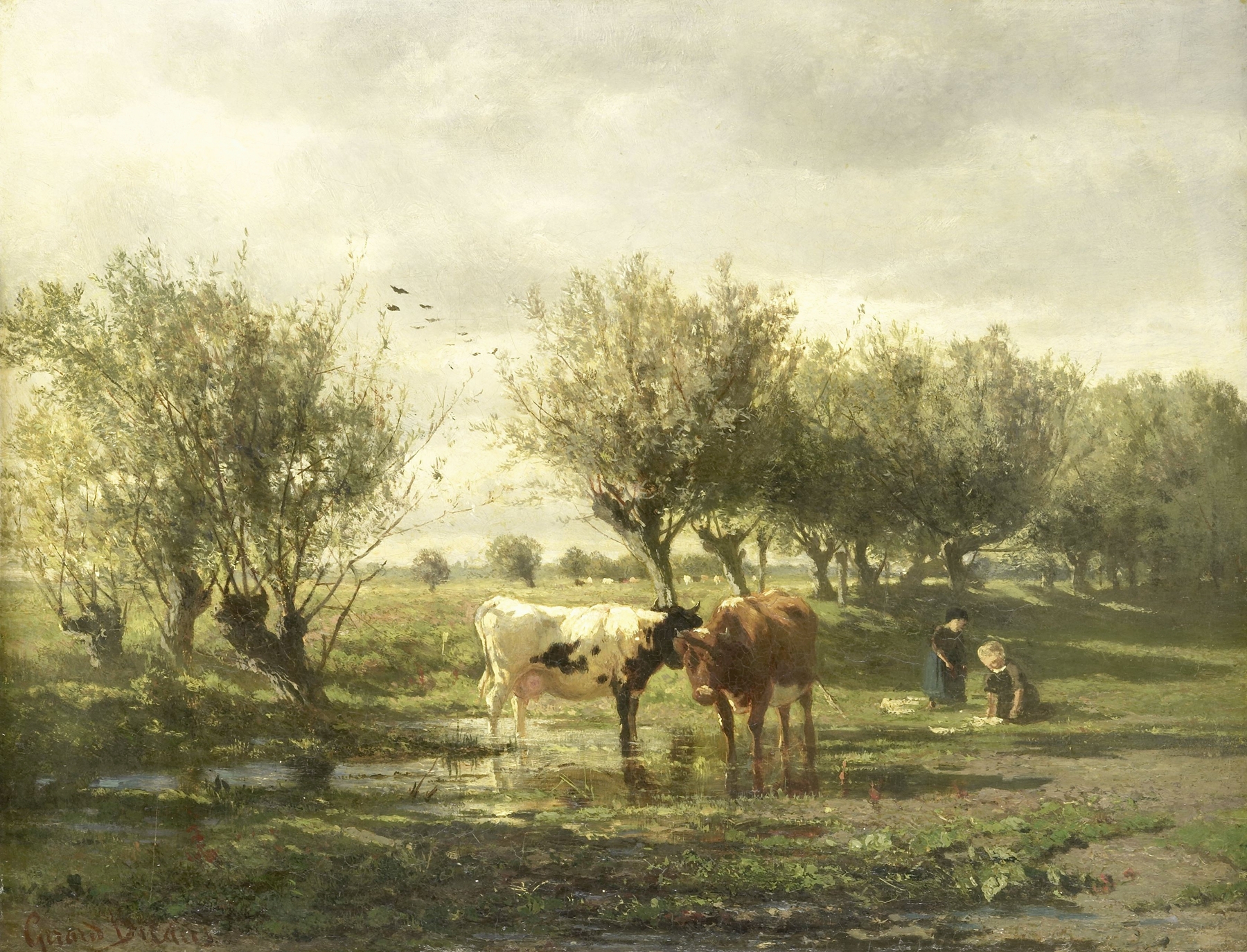 Cows at a pond by Gerard Bilders, oil painting depicting cows near a tranquil pond under an overcast sky.