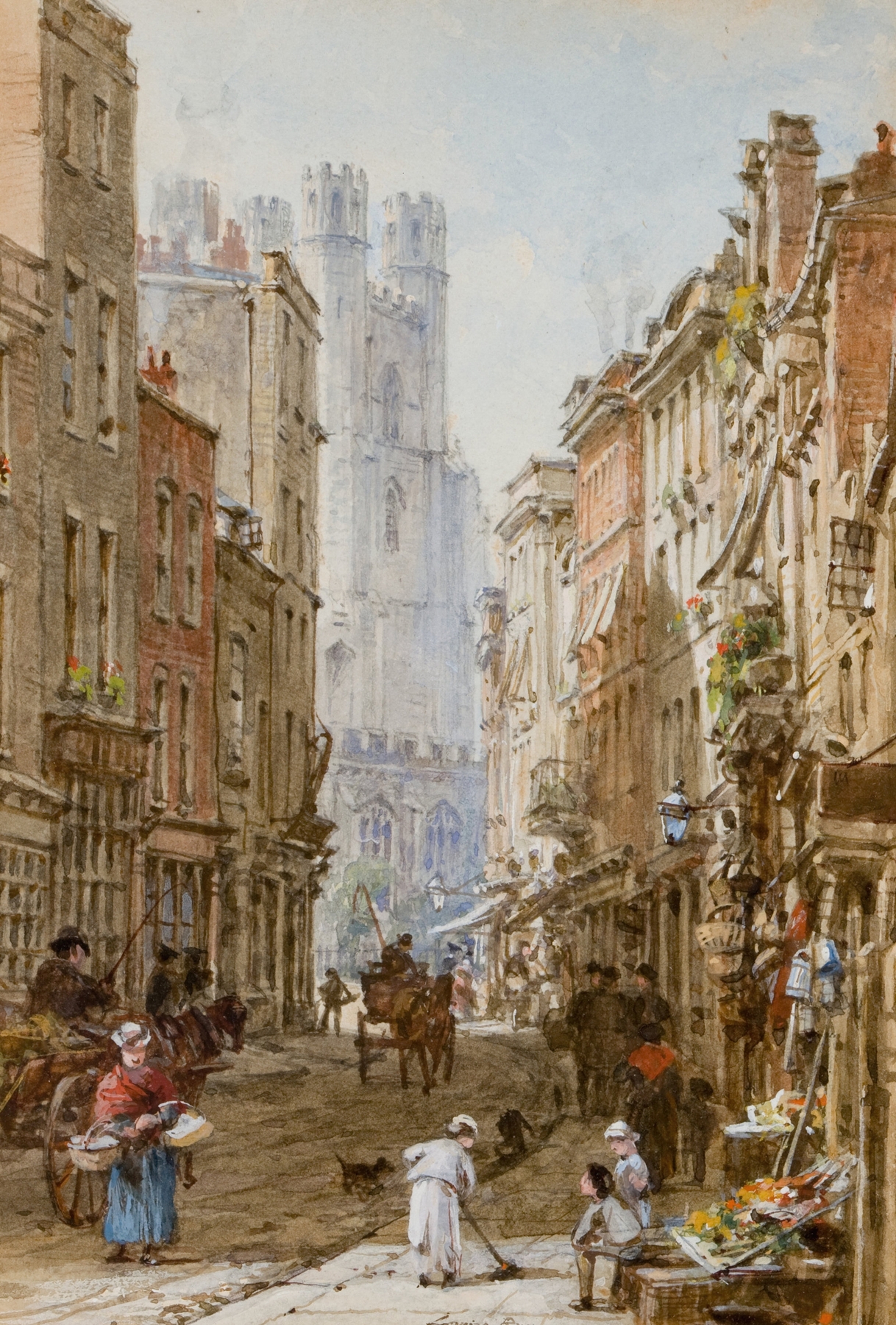 Market Street, Cambridge by Louise Rayner, Victorian architecture in a cobblestone street, oil painting