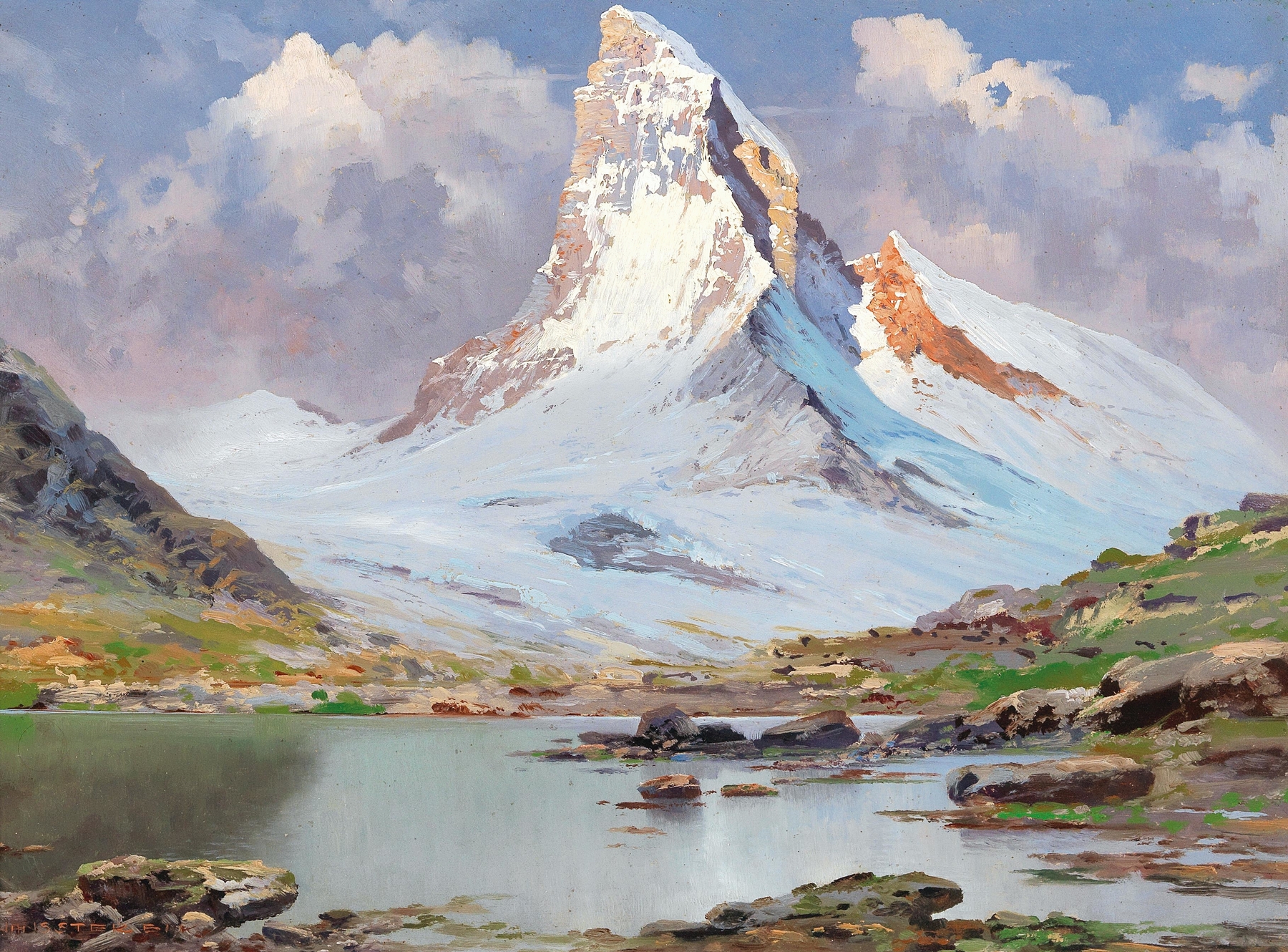 View of the Matterhorn by Toni Haller, oil painting depicting a mountain landscape with dramatic light.