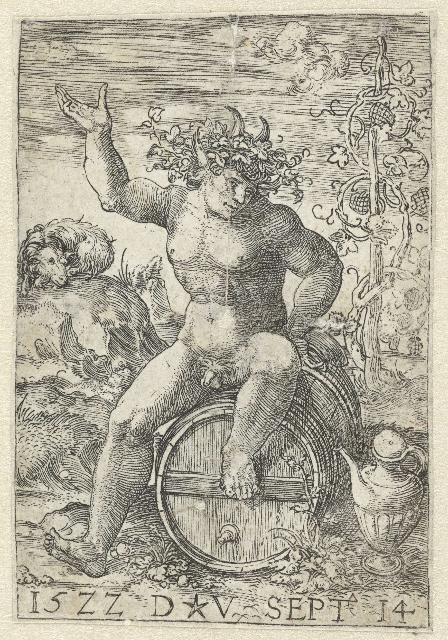 Etching by Dirck Vellert depicting a faun in nature