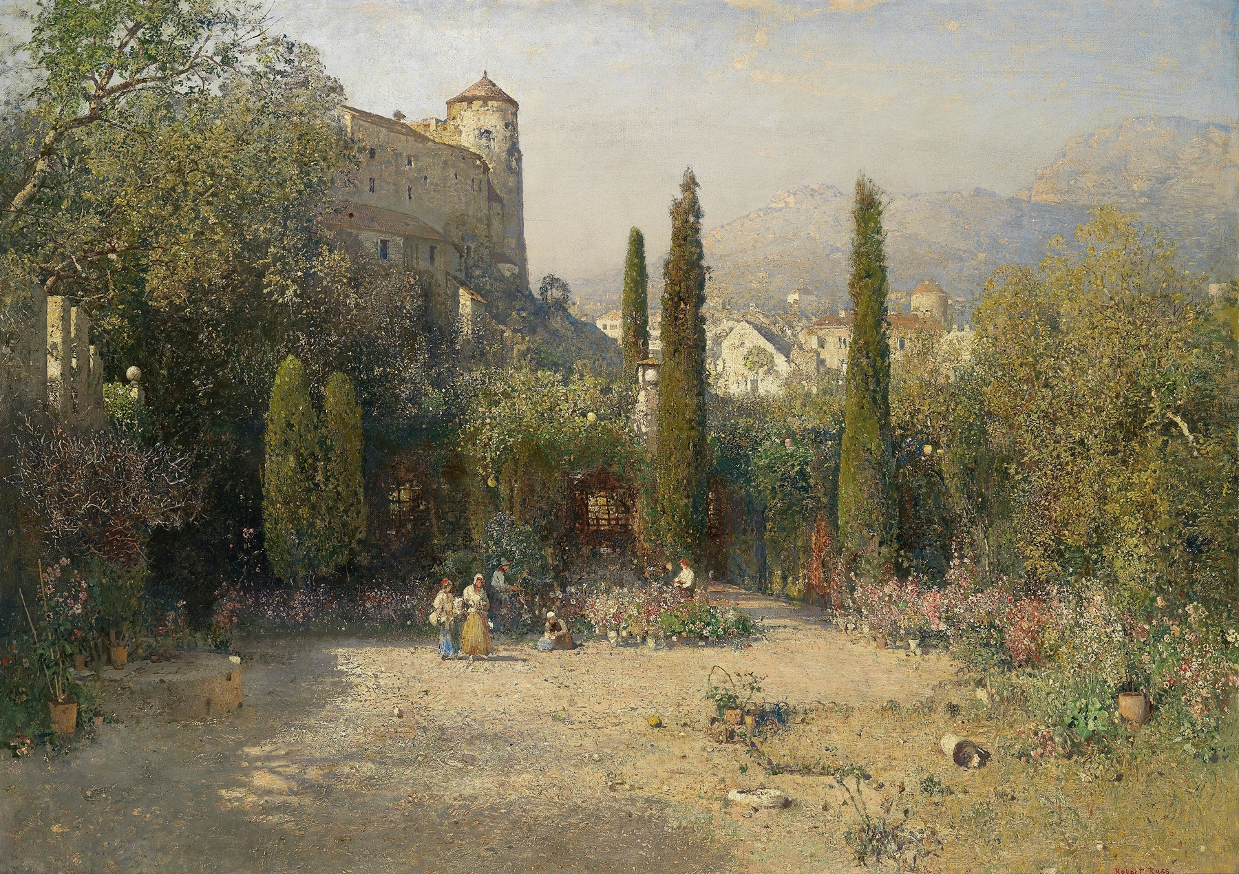 Lush garden scene by Robert Russ, medium unknown.