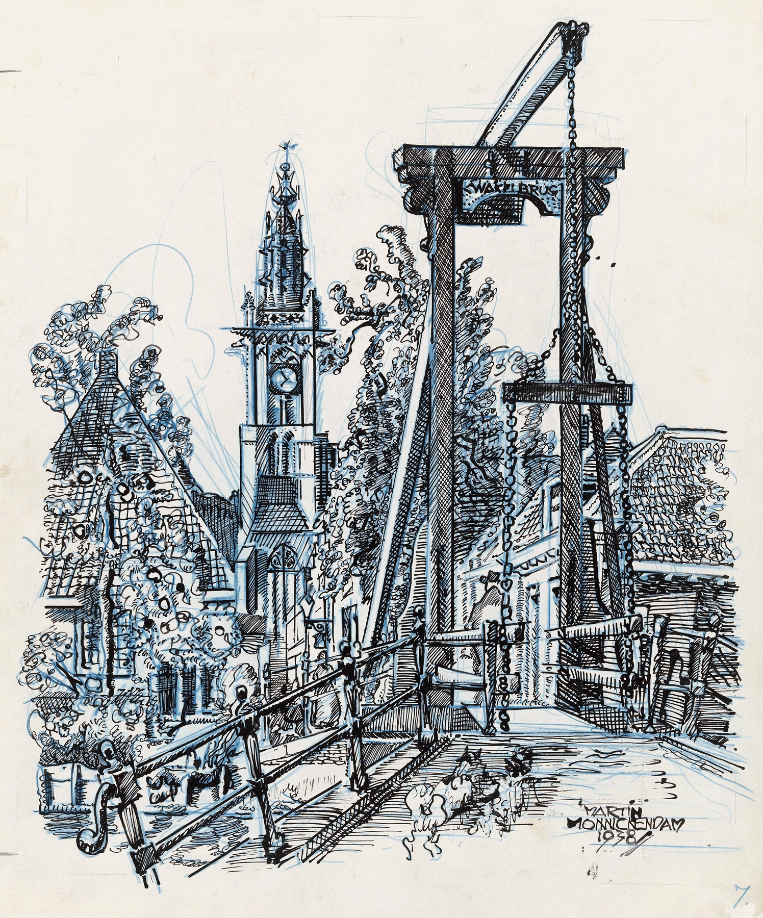 Landscape oil painting by Martin Monnickendam featuring Kwakelbrug and Onze Lieve Vrouwekerk.
