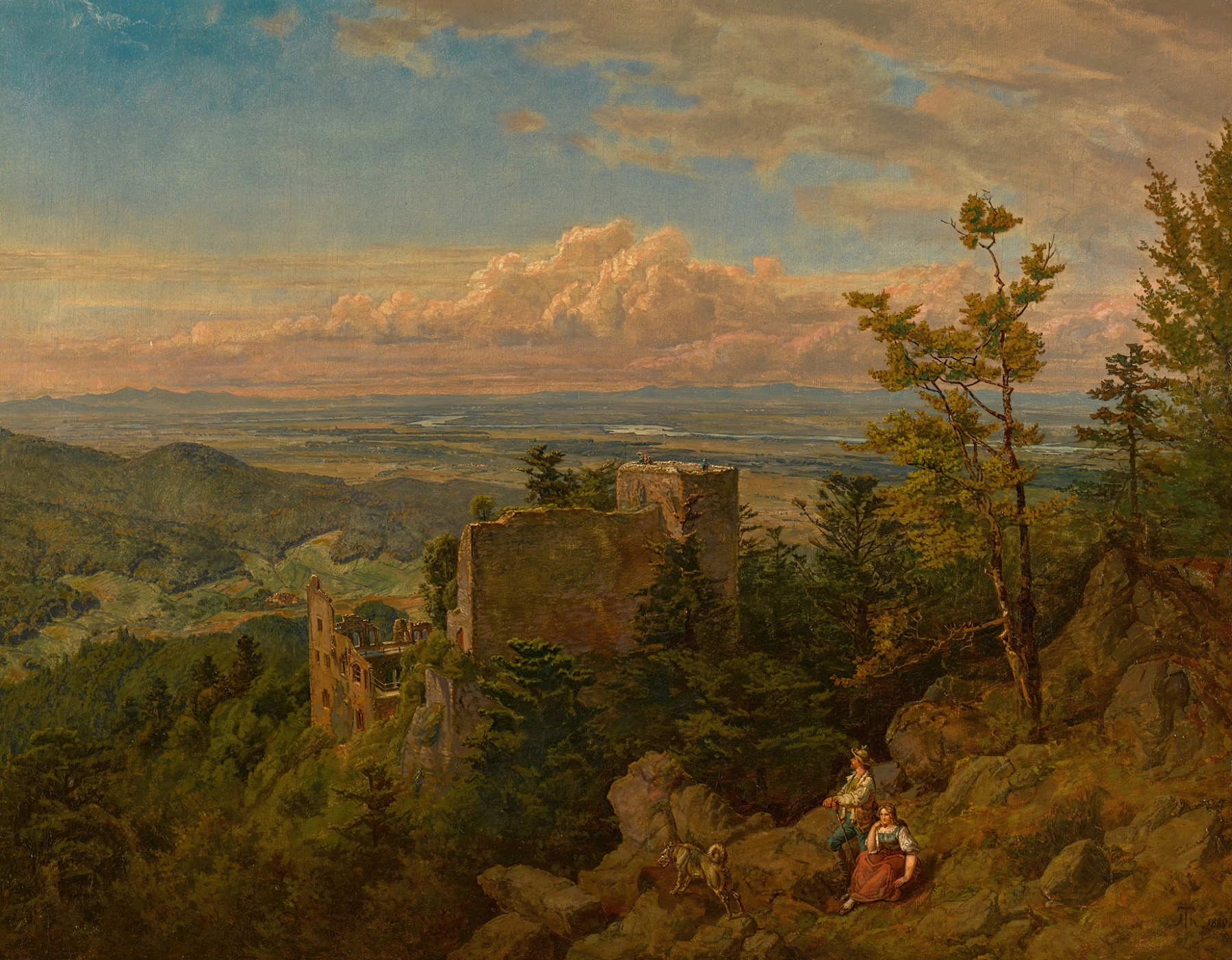 The ruins of a castle overlooking the Rhine valley, oil painting by Hans Thoma