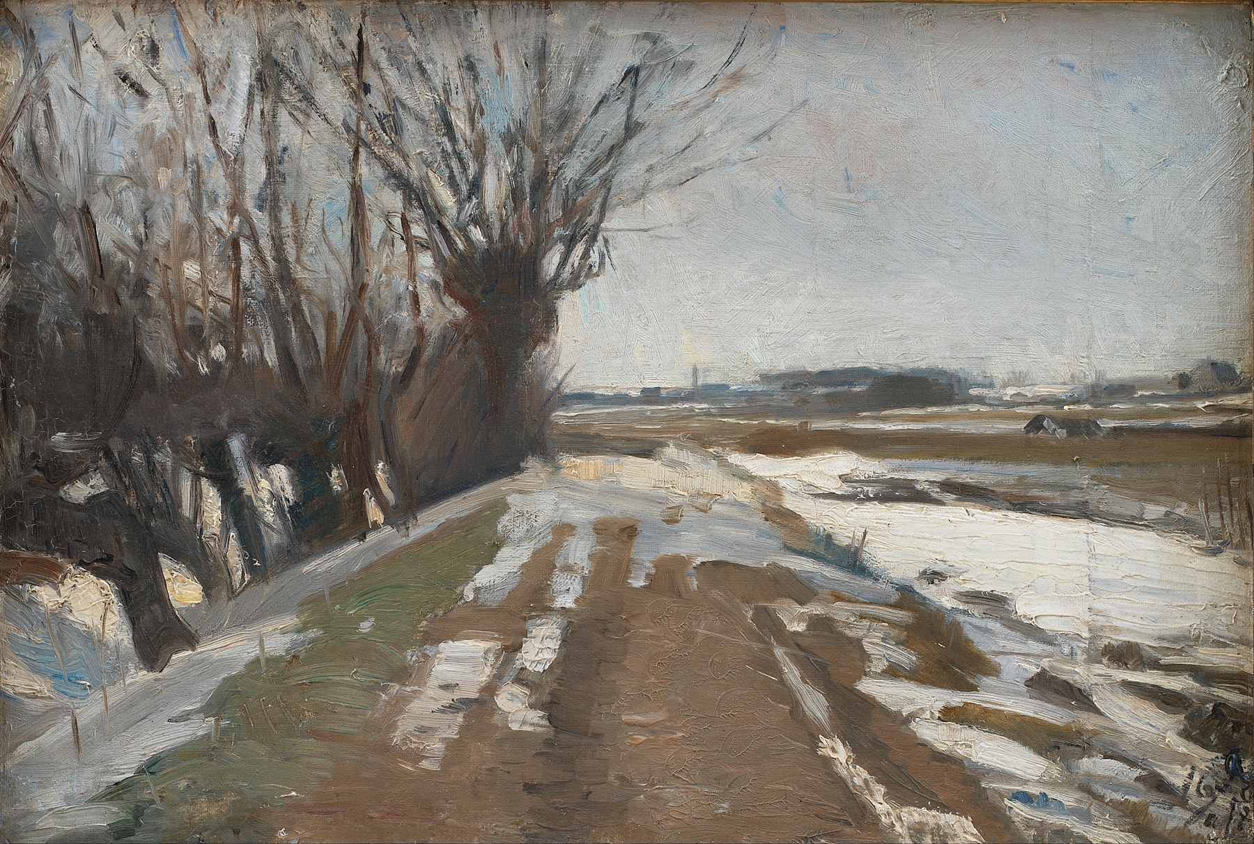 Winter landscape oil painting by Albert Gottschalk featuring snow and soft light near Copenhagen