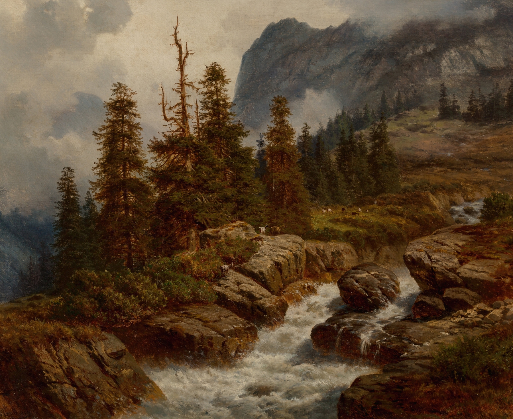 Goats by an alpine stream, oil painting by Georg Engelhardt