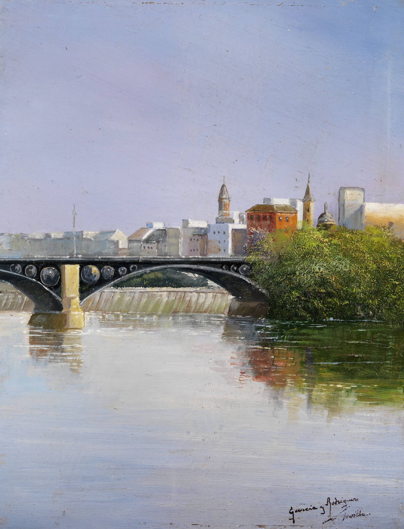 Bridge in Sevilla by Manuel García y Rodríguez, oil on canvas depicting arches over a river.