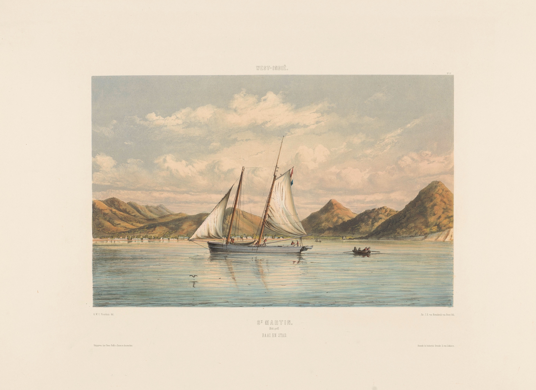 Marine scene depicting a bay and city skyline by Gerard Voorduin, oil painting
