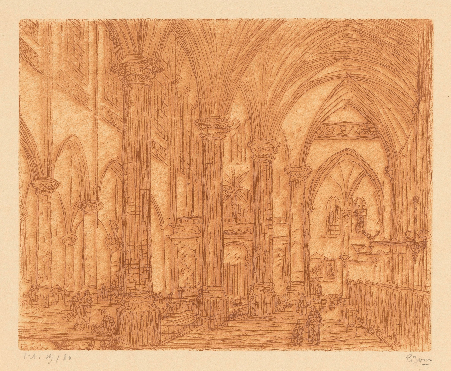 Kerkinterieur by Etienne Bosch, oil on canvas depicting a church interior with stained glass light.