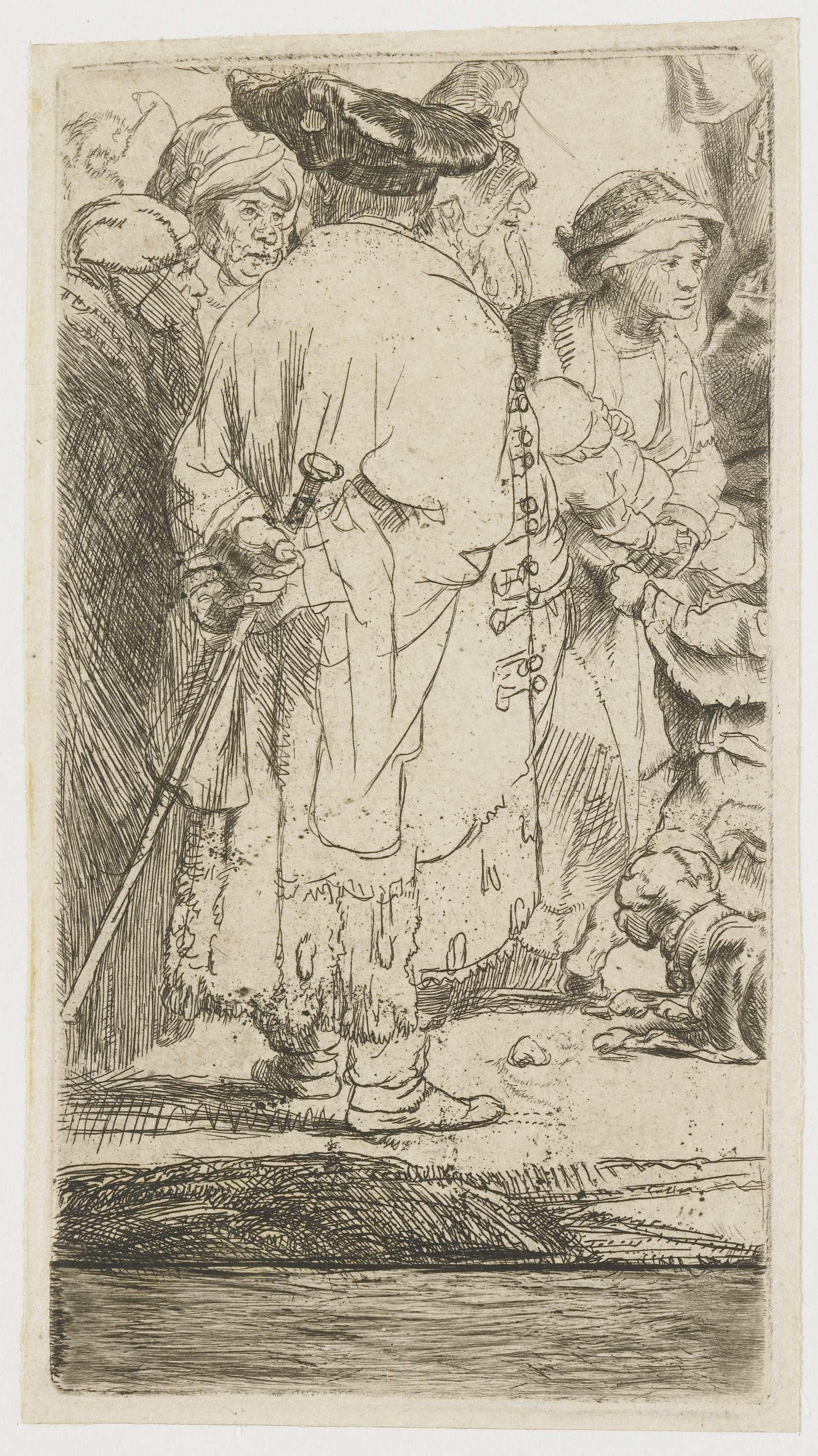 The Hundred Guilder Print: the man seen on the back in the lower left corner, by Rembrandt van Rijn, public domain