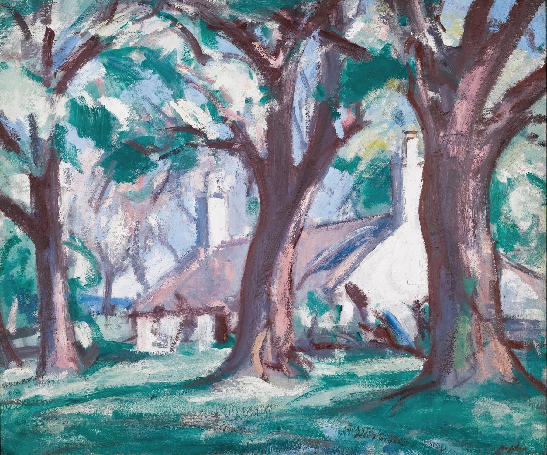 Kirkcudbright by Samuel John Peploe, oil painting depicting a vibrant landscape with flowers and shadows.
